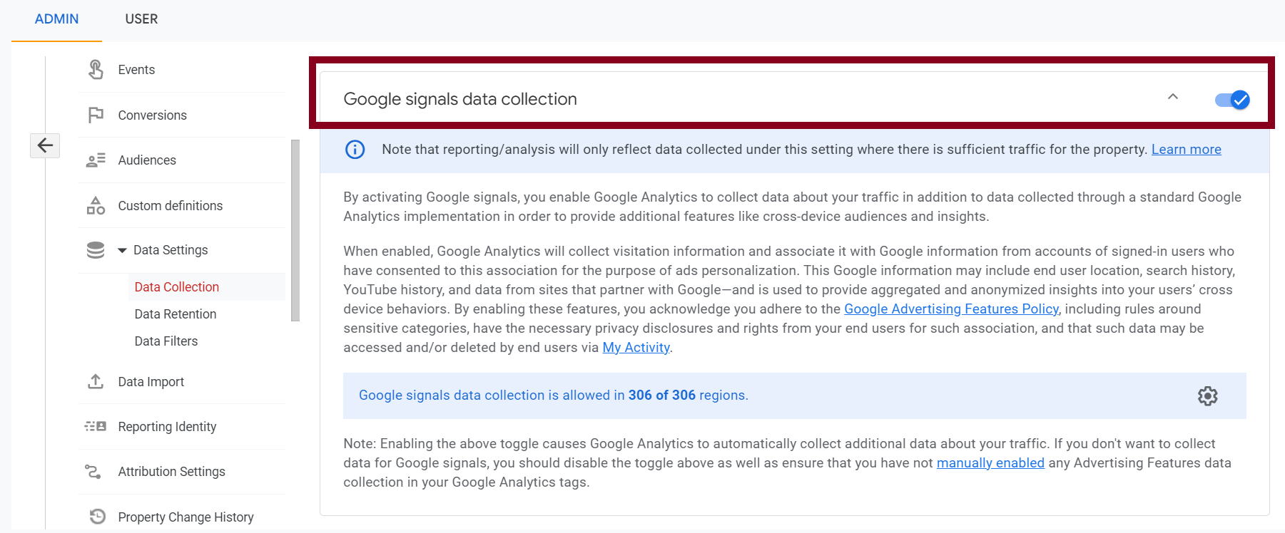 Screenshot of Data signals in GA4 91