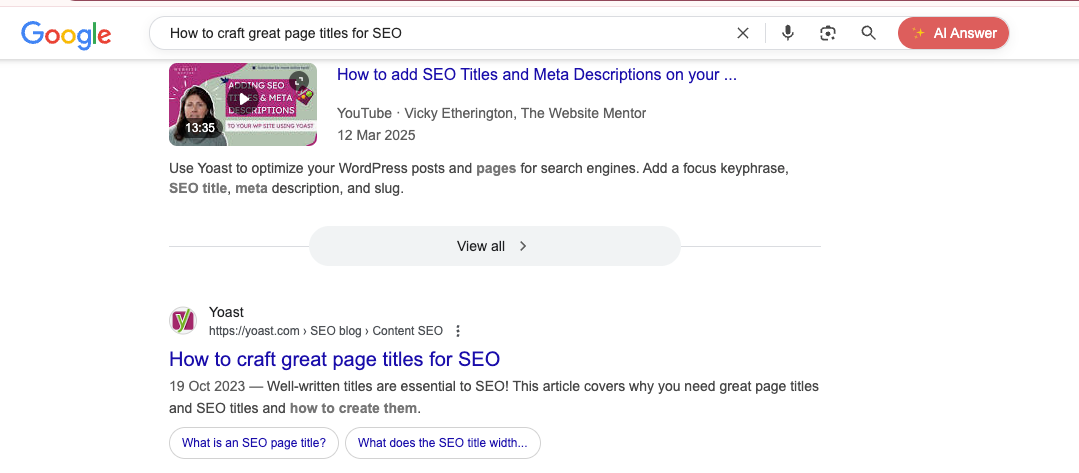 showing how the title is the first SE result, after the AIO and YT results 5
